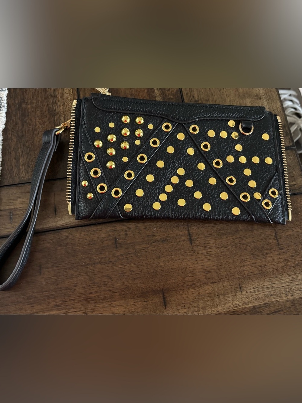 Rebecca Minkoff Black Leather Studded Wristlet with Gold Accents